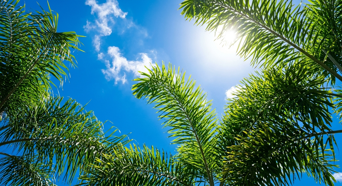Bright midday Florida sun flaring through palm fronds against a deep blue sky