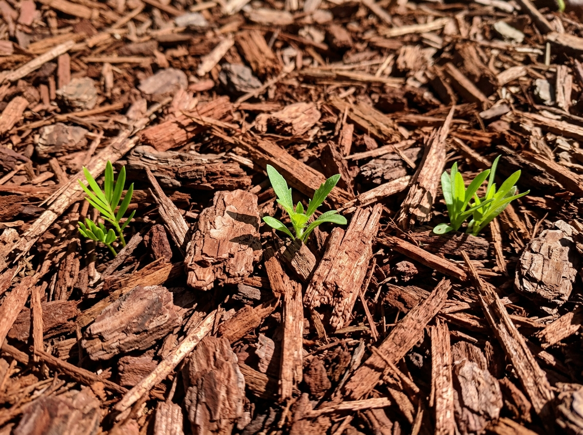 Close texture of fresh reddish-brown mulch with new green plantings emerging