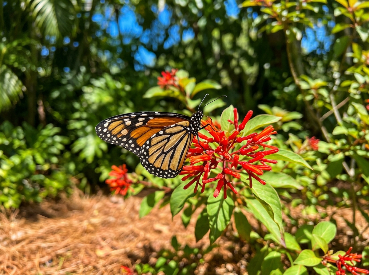 Macro of a monarch butterfly resting on a bright red firebush bloom in dappled sun